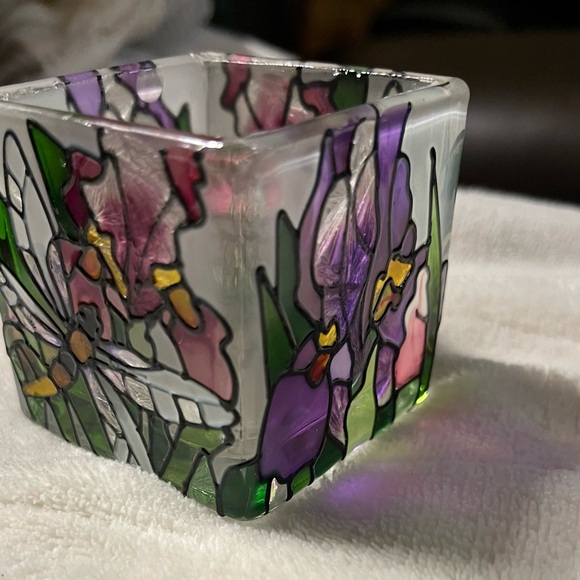 Stained Glass Dragonfly and Iris Candle Holder Hand Painted. - Picture 2 of 5